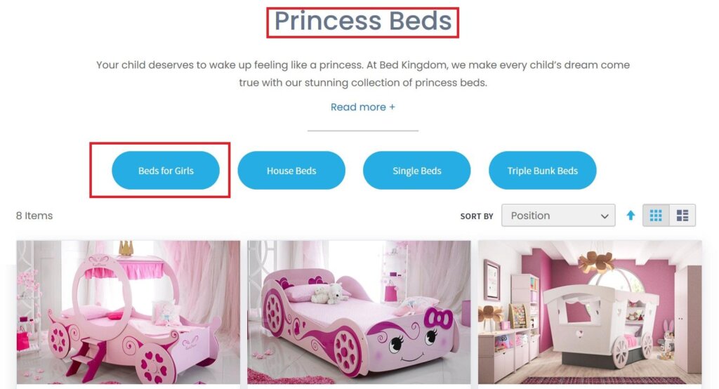 Example of parent and child categories on the website for "princess beds"