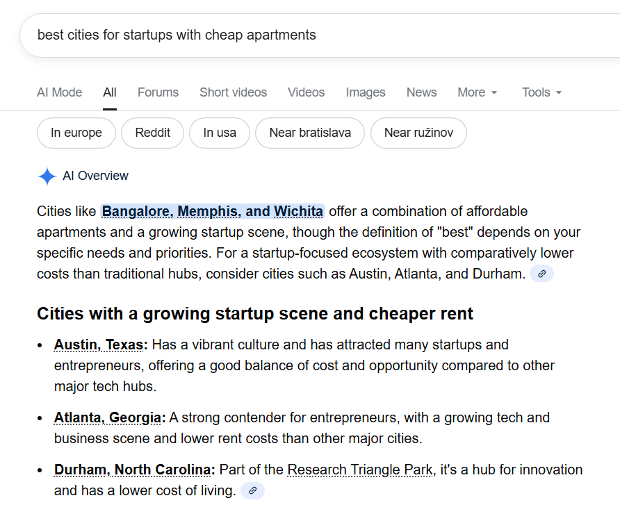AI overviews example for keyword - best cities for startups with cheap apartments